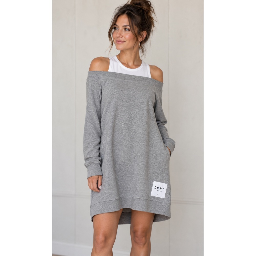 NWT DKNY Sport Women's Grey Off Shoulder Layered Sweatshirt Dress Size Large